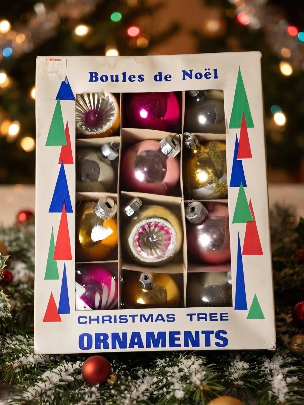 Vintage Glass Christmas Ornaments Set in box